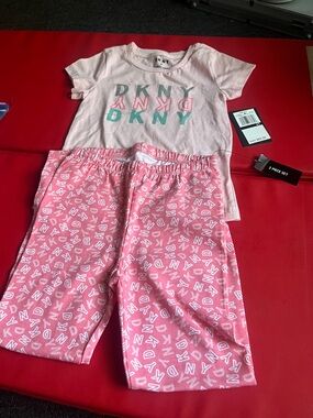DKNY Pink Logo Short Sleeve Pajama Set with Patterned pants
